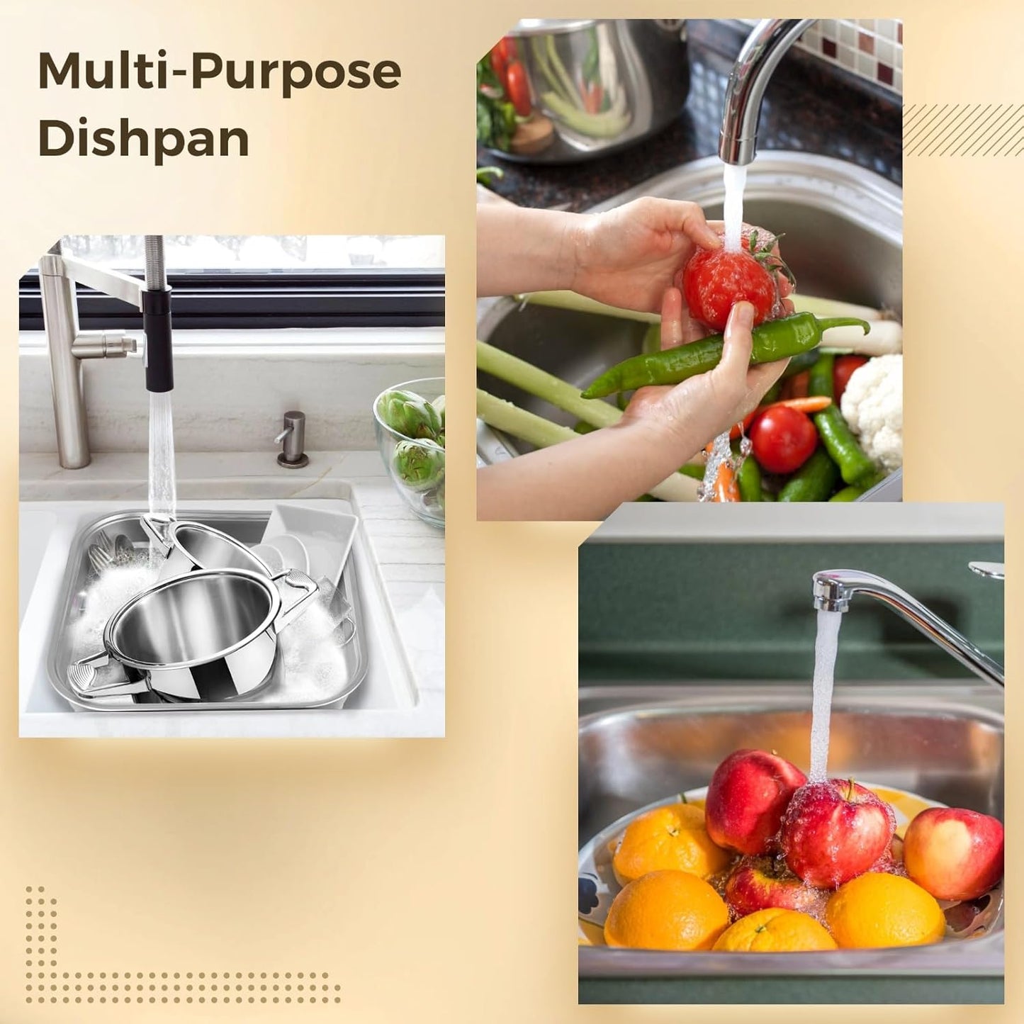 yeesport Stainless Steel Washing Up Bowl, Multi-Purpose Dish Tub for Sink, Large Square Container for Kitchen, Vegetable Washing Basin, Sturdy Dishpan for Home