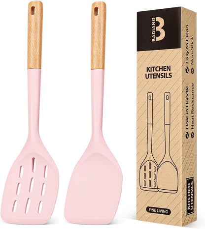 Pack of 2 Silicone Spatula, Non Stick Cooking Utensil Set Wooden Handle Kitchen Turner for Baking Mixing Grilling Serving Food Heat Resistant Non Scratch Hooks Included (Khaki)