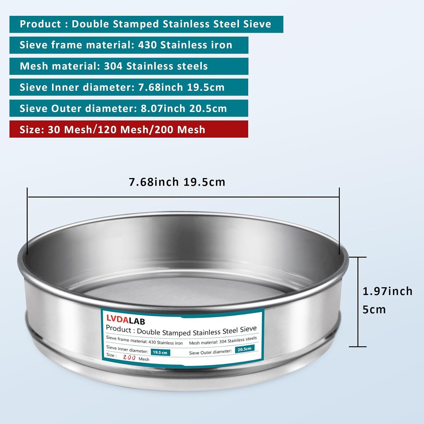 3 Pack 304 Stainless Steel Mesh Lab Sieves, 200mesh 0.075mm, 80 Mesh 0.2mm, 10 Mesh 2mm Aperture Test Sieve,7.9in/20cm Dia Economy Test Sieve for Industrial Laboratory Homes