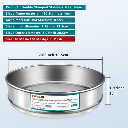 3 Pack 304 Stainless Steel Mesh Lab Sieves, 200mesh 0.075mm, 80 Mesh 0.2mm, 10 Mesh 2mm Aperture Test Sieve,7.9in/20cm Dia Economy Test Sieve for Industrial Laboratory Homes