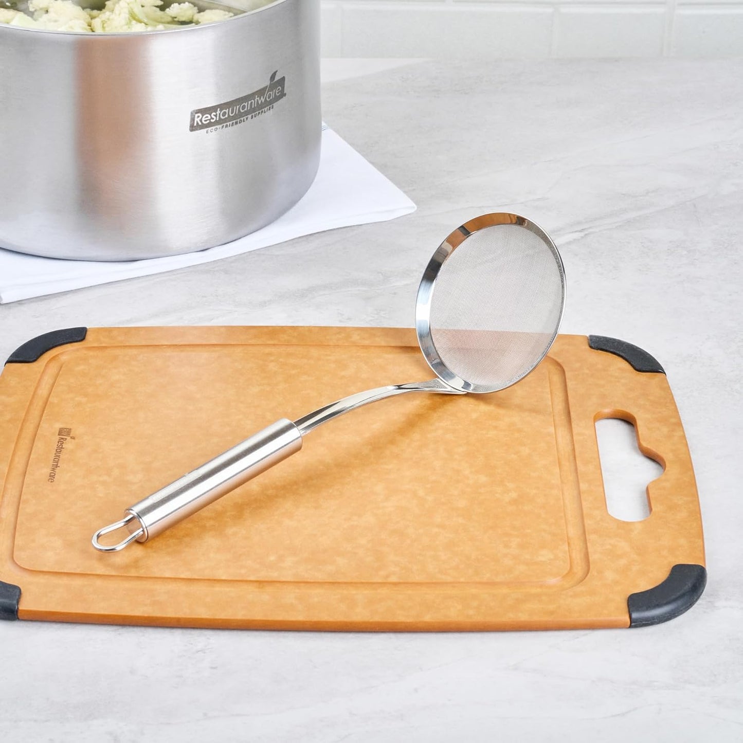 Restaurantware 11.5 in Stainless Steel Fine Mesh Strainer - German Standard Sieve Sifter with Ergonomic Handle, Dishwasher Safe - Reinforced Metal Food Strainer for Quinoa, Soup, Sauce, Baking