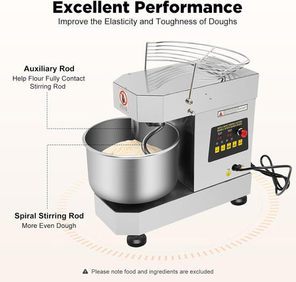 Commercial Dough Mixer 12Qt 750W Electric Dough Kneading Machine, 2-Speed Food Mixer with Stainless Steel Bowl for Pizza Dough, Bakery, Pastry, Cream Whipping, Jam Stirring, Restaurant & Home Kitchen