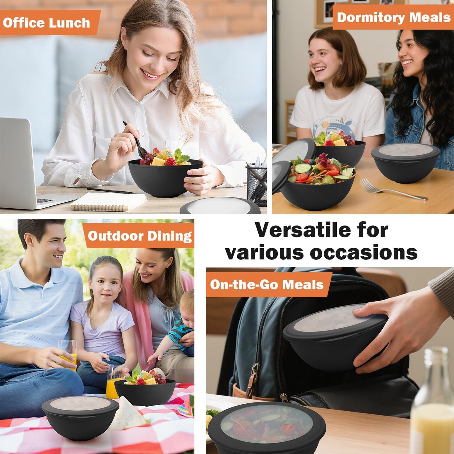 Wheat Straw Bowls Set with Lids, Unbreakable 40 OZ Cereal Bowls Set of 4, Salad Container for Lunch, Microwave & Dishwasher Safe Bowl Set for Kitchen, Picnic, RV, Camping, Multi