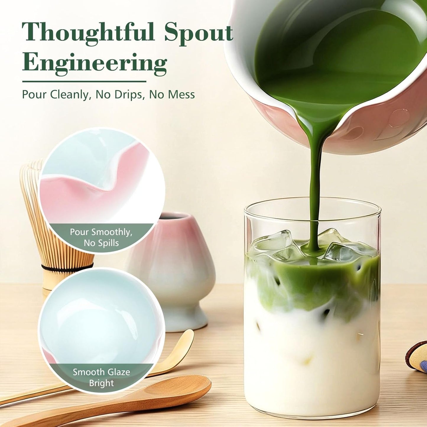 Mint Pink Matcha Whisk & Bowl Set, 8-Piece Complete Matcha Making Kit, Ceremonial Grade Starter Set with Elegant Floral Gift Packaging