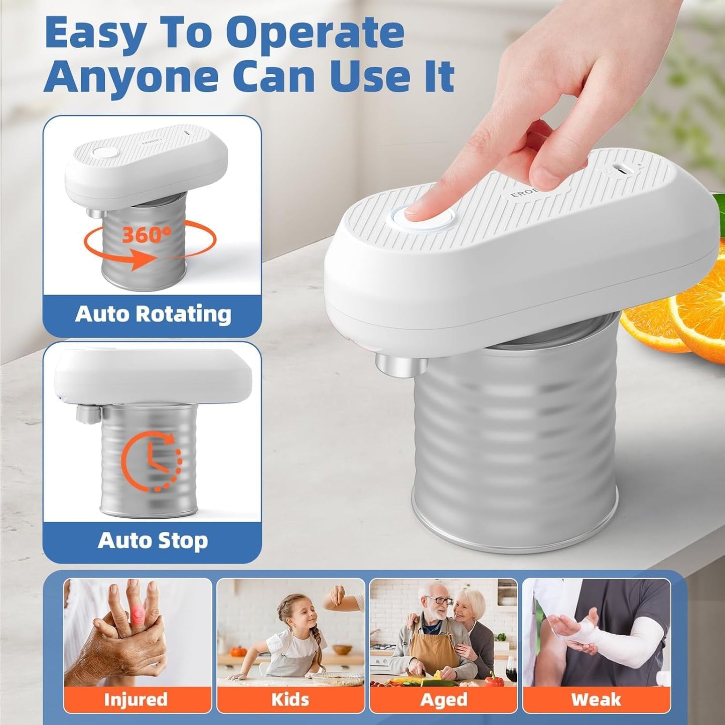 Electric Can Opener, Rechargeable Can Openers for Seniors & Arthritis, One-Touch Automatic Can Opener, Hands-Free, Smooth Edge, Compact, Kitchen Gadgets