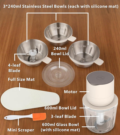 Mini Garlic Chopper, 250ml Small Food Processor Cordless 1 Cup, Battery USB-C Rechargeable Electric Food Chopper Wireless, Portable Garlic Grinder Masher,Veggie Meat Blender Mincer Kitchen Mixer,White