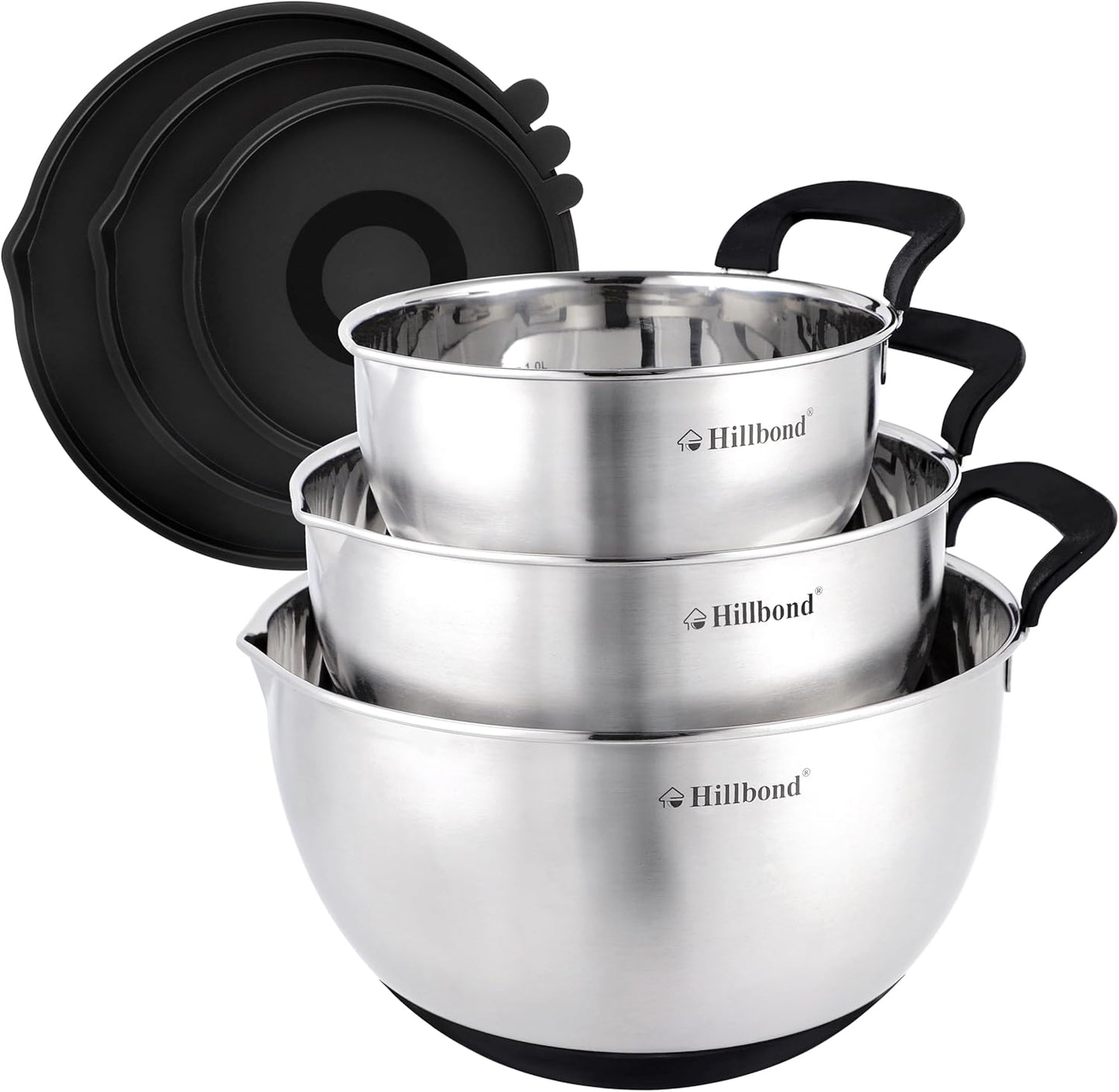 Hillbond Stainless Steel Bowls with Lids Set Mixing Bowls with Pour Spout, Silicone Handle and Non-Slip Bottoms for Baking, Metal Bowls Mixing Dishwasher Safe, Set of 3, Mother’s Day Gift (Black)