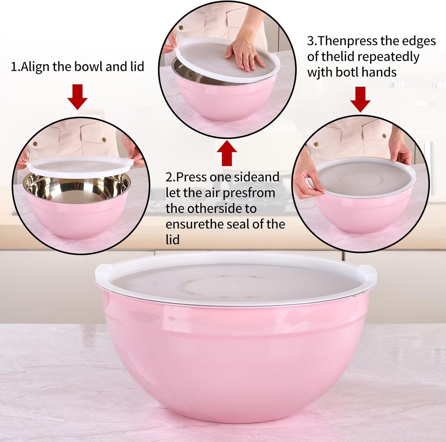 Red Mixing Bowls with Lids Set of 7, Stainless Steel Nesting Bowl with Khaki Lid for Non-slip Mixing Prepping Storing Serving, 7 Sizes-7/3.6/2.7/2.1/1.5/1/0.8 QT