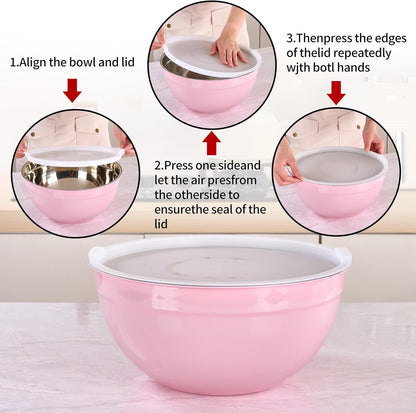 Red Mixing Bowls with Lids Set of 7, Stainless Steel Nesting Bowl with Khaki Lid for Non-slip Mixing Prepping Storing Serving, 7 Sizes-7/3.6/2.7/2.1/1.5/1/0.8 QT