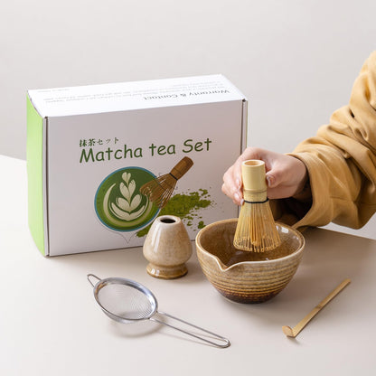 Traditional Matcha Tea Ceremony Set with Ceramic Bowl, Bamboo Whisk, Stand and Strainer, 5-Piece (yellow)
