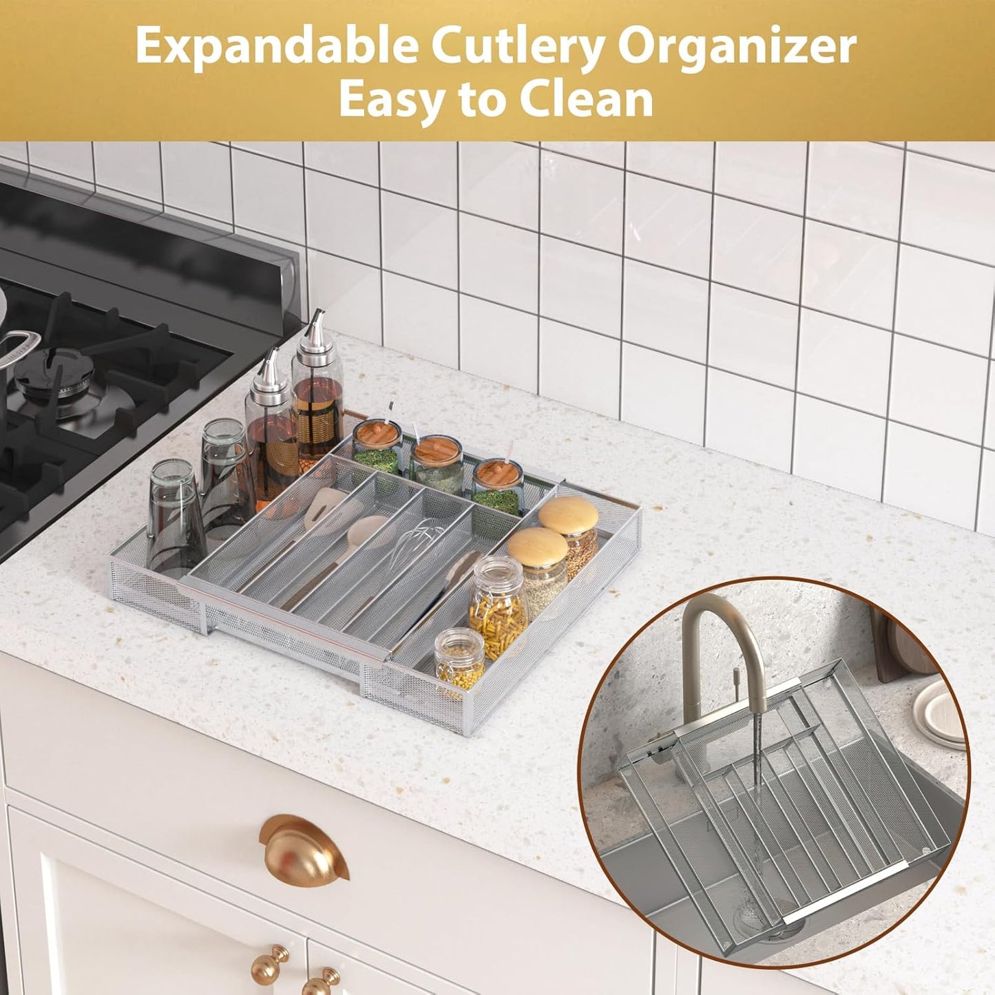 Sedegn Silverware Organizer Metal Mesh, Large Drawer Organizer, Utensil Cutlery Tray for kitchen drawers, Flatware Organizer with 6 Compartment, Black (11.3”*16“)
