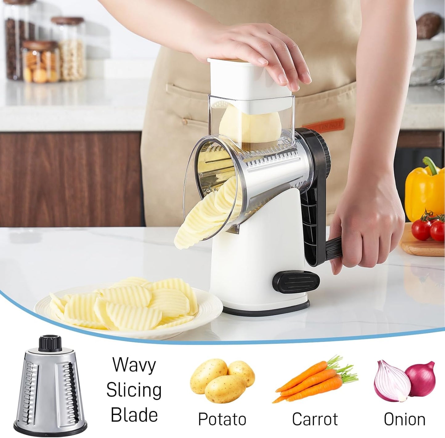 VEKAYA Rotary Cheese Grater Hand Crank with 4 Interchangeable Stainless Steel Blades, Large Manual Handle Shredder and Waffle Slicer for Vegetables, Cheese and Nuts with Table Suction Base(Blue)