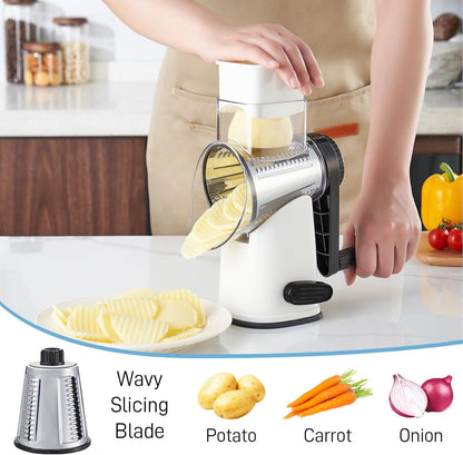 VEKAYA Rotary Cheese Grater Hand Crank with 4 Interchangeable Stainless Steel Blades, Large Manual Handle Shredder and Waffle Slicer for Vegetables, Cheese and Nuts with Table Suction Base(Blue)