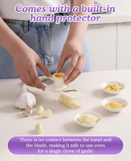 2PCS Mini Multifunctional Garlic Grinder, Garlic Slicer Super Thin with Container, Ginger Veggie Mandoline Mincer Cutter