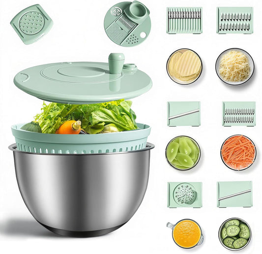 Stainless Steel Salad Spinner 3-in-1, One-Touch Stop and Non-Slip Base, Vegetable Dryer for Kitchens, Parties, and Health-Conscious People, 5.3 Qt