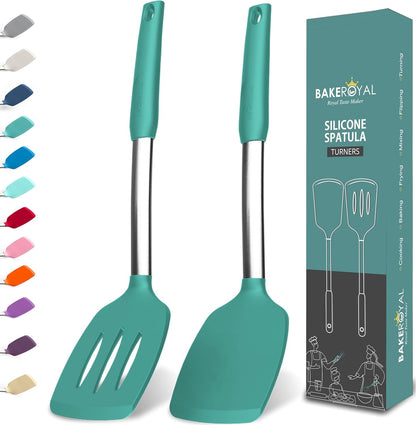 BakeRoyal Silicone Spatula Set - Turner Spatulas Silicone Heat Resistant 600°F - Slotted & Solid Spatula for Cooking Fish, Eggs, Pancakes Flipper – Spatulas for kitchen use – Royal Blue