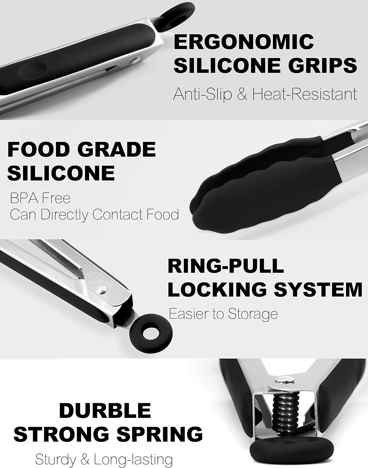 Anaeat Non-Stick Silicone Locking Tong Set of 3 - Stainless Steel 7", 9", 12" Kitchen Food Tongs with Non-Slip Silicone Tips and Grip for Cooking, Baking and BBQ - Heat Resistant up to 480°F (Black)