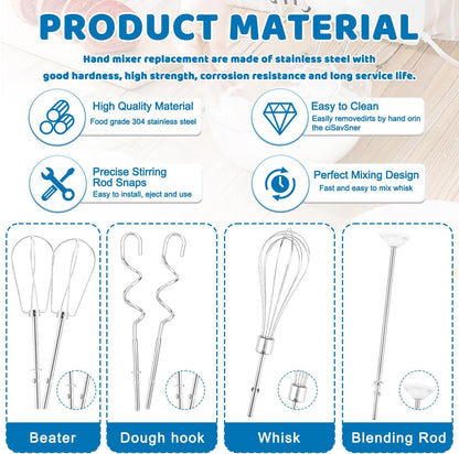 6 Pcs Hand Mixer Beater Attachments for KitchenAid Hand Mixers KHM3 KHM5 KHM7 KHM9, Stainless Steel Hand Mixer Beaters, Whisk, Blending Rod and Dough Hooks