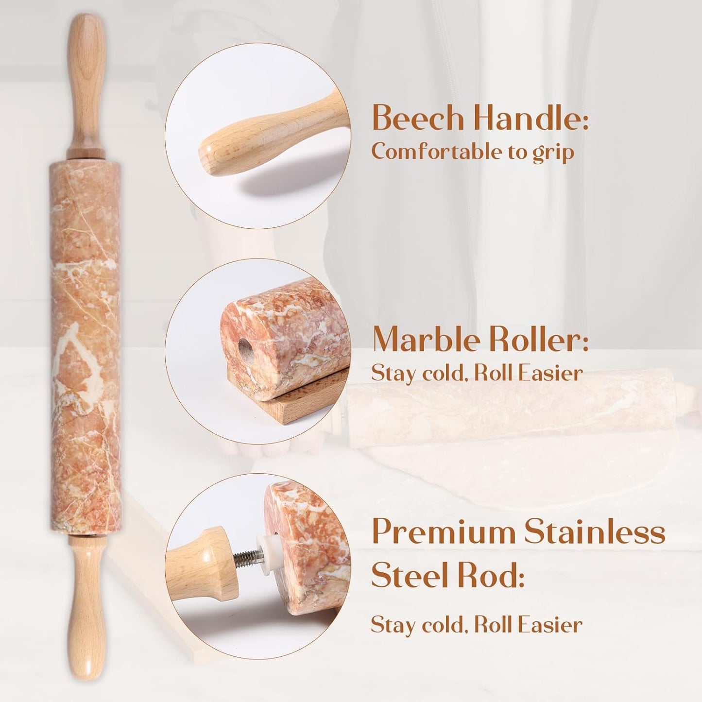 Koville African Natural Marble Rolling Pin, Non-Stick Polished Dough Roller, Pasta, Dumpling, Fondant, Pie Crust, Bread, Pizza Dough, Kitchen Baking Pastry Tools with Mat/Scraper（Namib Fantasy）