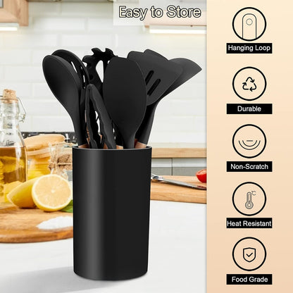 E-far Cooking Utensils Set of 6, Silicone Kitchen Utensils with Wooden Handle, Non-stick Cookware Friendly & Heat Resistant, Includes Spatula/Ladle/Slotted Turner/Serving Spoon/Spaghetti Server(Khaki)