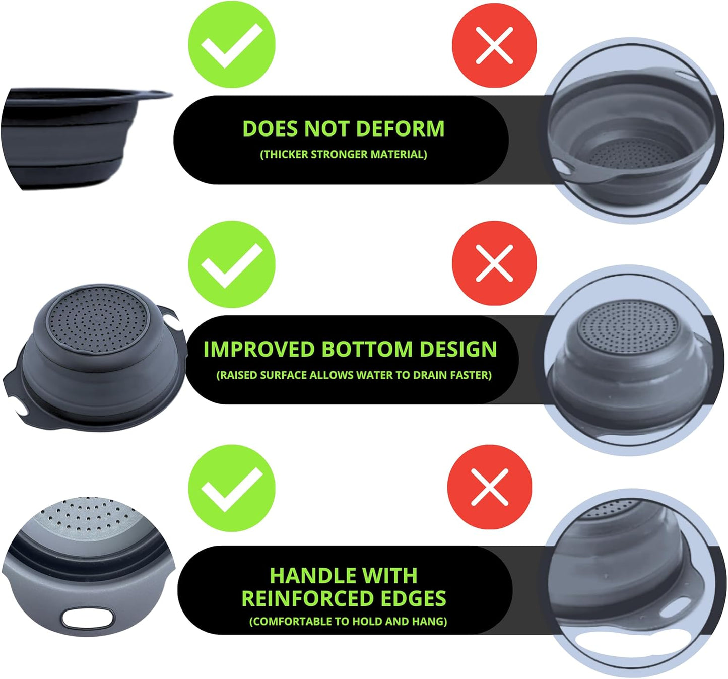 Green Kitchen Strainer Colander Set - 2 PCS Multifunctional Colander Silicone Food Strainers for Kitchen for Pasta and Spaghetti Collapsible with Plastic Handles