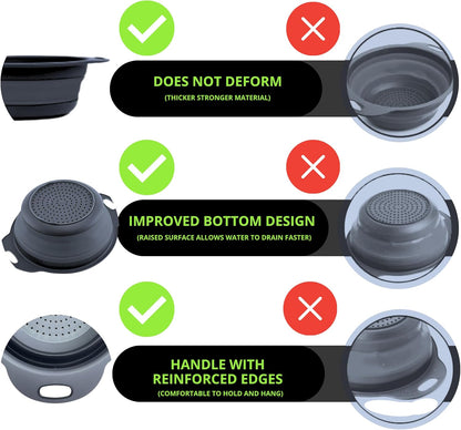 Green Kitchen Strainer Colander Set - 2 PCS Multifunctional Colander Silicone Food Strainers for Kitchen for Pasta and Spaghetti Collapsible with Plastic Handles