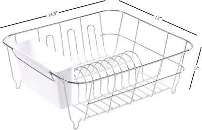 Dish Drying Rack & Cutlery Holder 2 Piece Set - Compact Sink-Fitting Dish Drainer with Rubberized Undercoating, Space-Saving Kitchen Organizer for Plates, Cups, Bowls & Utensils in Sink, Silver