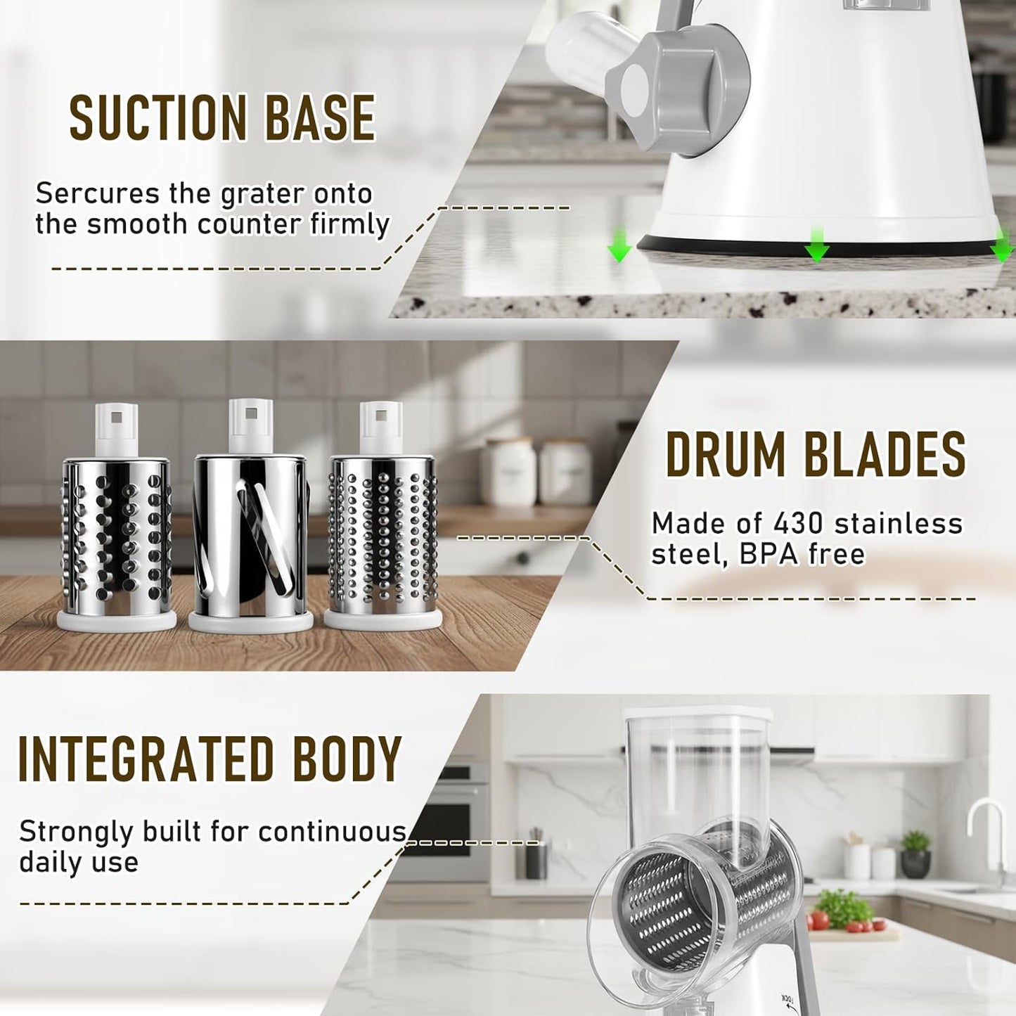 Rotary Cheese Grater, Hand Kitchen Crank Shredder Speed Mandolin Slicer Nuts Grinder with Handle and Drum Blades for Fresh Cheese, Vegetable, Fruit, Nuts, Non-slip Suction Base, 3 Blades