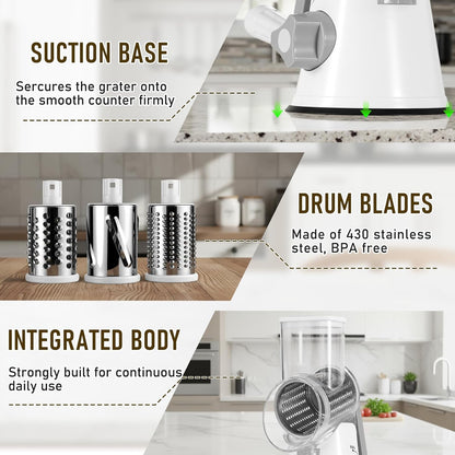 Rotary Cheese Grater, Hand Kitchen Crank Shredder Speed Mandolin Slicer Nuts Grinder with Handle and Drum Blades for Fresh Cheese, Vegetable, Fruit, Nuts, Non-slip Suction Base, 3 Blades