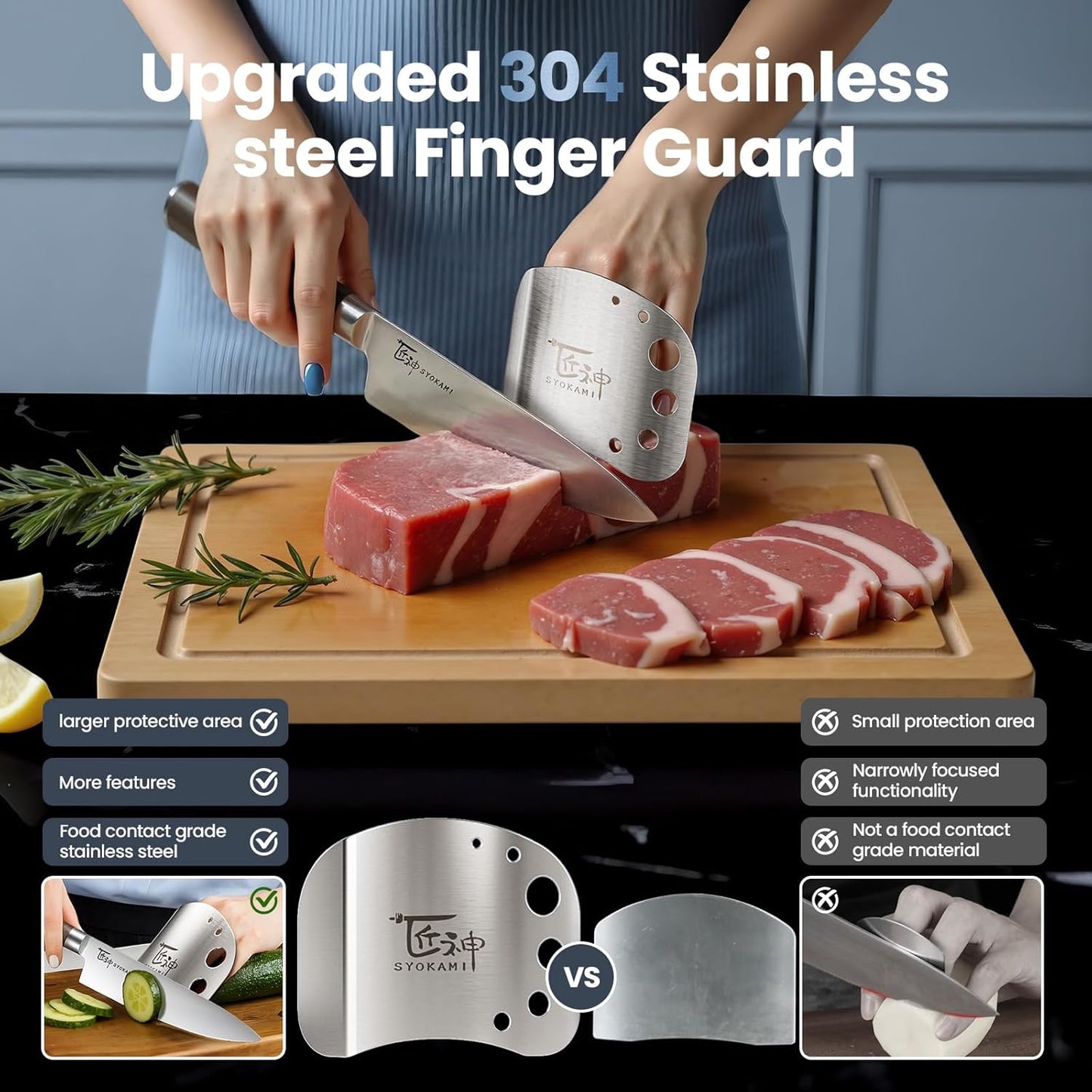 SYOKAMI Finger Guards for Cutting Food, Protects Women’s Fingers and Nails, Ideal Gift for Her, Mom or Wife, 2 Stainless Steel Finger Protectors with Herb Stripper, Adjustable Size