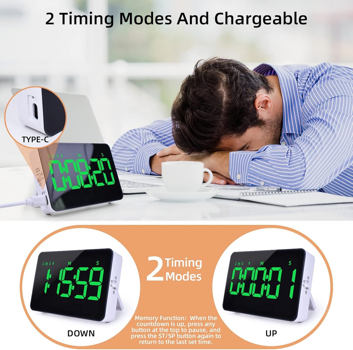 Rechargeable Digital Kitchen Timer for Cooking, Magnetic Timers with Countdown/up, Kids Timer with 5”LED Display 3 Brightness 4 Volume Adjustable for Classroom/Office/Home/Work/Study/Fitness/Game