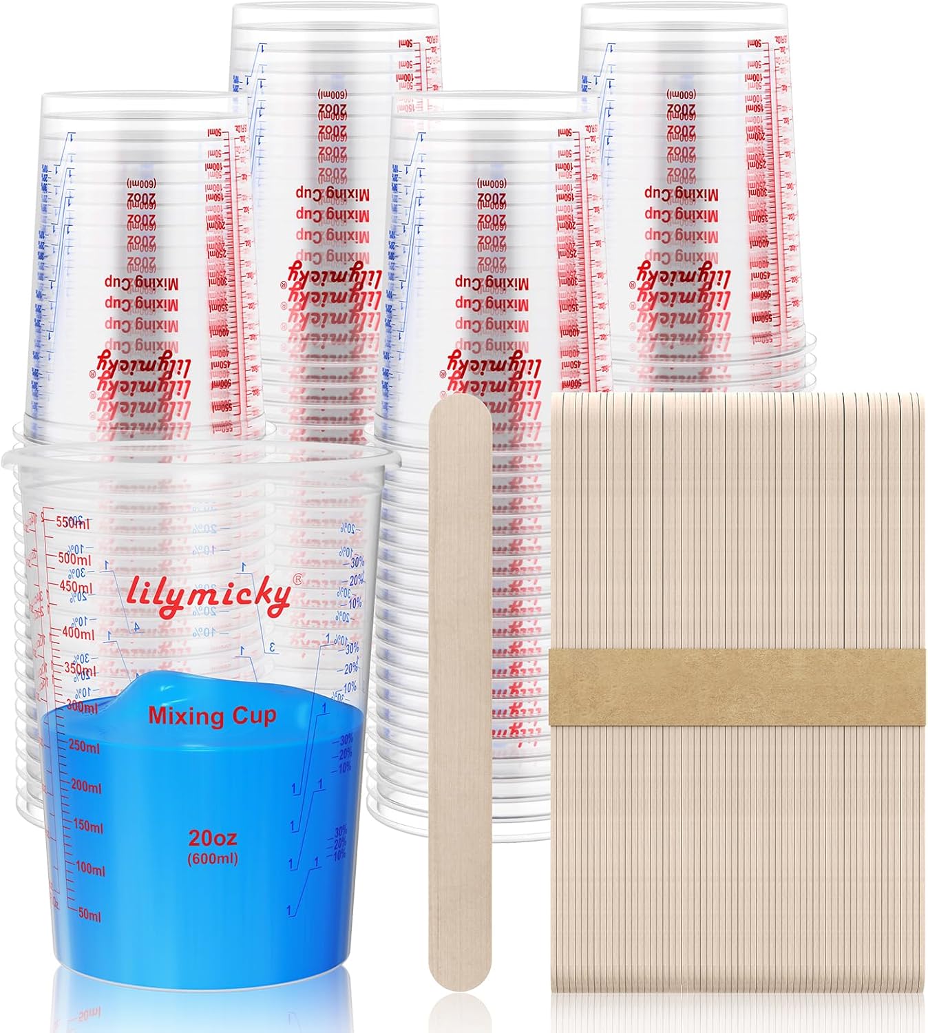 50 Pack Plastic Mixing Cups, 20 oz (600ml), Disposable Measuring Cups with 50 Wooden Mixing Sticks, Measurement ratios: 2:1, 3:1, 4:1, Suitable for Epoxy Resin, Liquid Measuring, and Paint