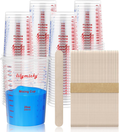50 Pack Plastic Mixing Cups, 20 oz (600ml), Disposable Measuring Cups with 50 Wooden Mixing Sticks, Measurement ratios: 2:1, 3:1, 4:1, Suitable for Epoxy Resin, Liquid Measuring, and Paint