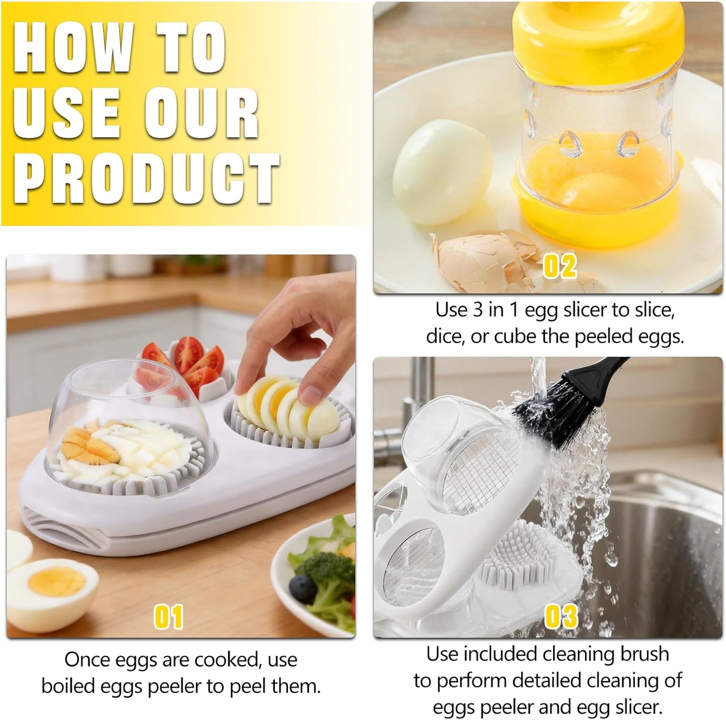3 In 1 Egg Slicer for Hard Boiled Eggs Heavy Duty with Boiled Eggs Peeler & Cleaning Brush, Egg Cutter with 3 Slice Modes for Strawberry, Tomato, Mushroom, Multifunctional Kitchen Tools