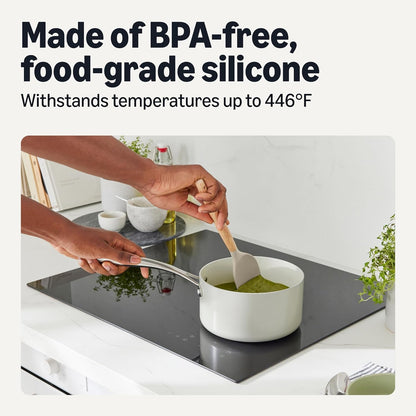 Amazon Basics Silicone Cooking Utensils Set with Wooden Handle, 14-Piece, BPA-Free, Utensil Holder Included, Linen Gray