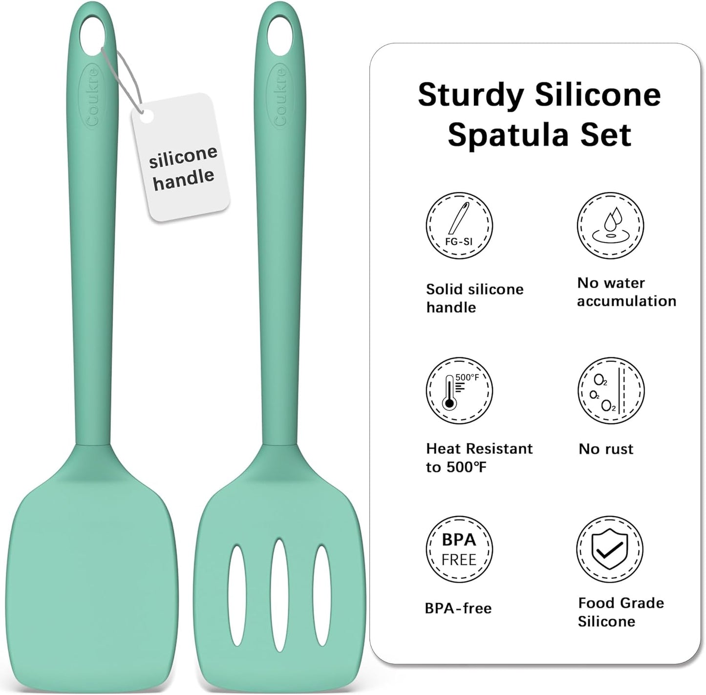 Coukre 2 Pack Silicone Spatula Set, High Heat Resistant, BPA Free Kitchen Spatula, Solid & Slotted Turner for Non-Stick Pans, Sautéing, and Flipping (2, PureBlack)