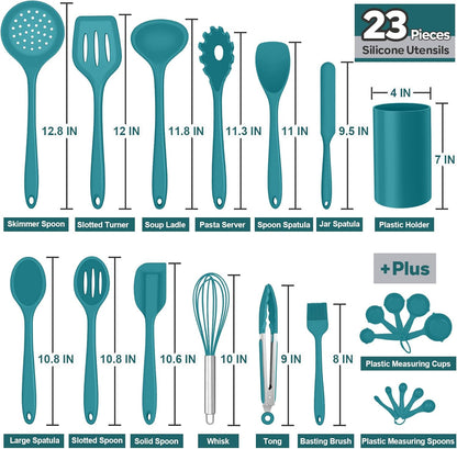 E-far Silicone Cooking Utensils Set, 7-Piece Black Heat Resistant Kitchen Utensils Set, Kitchen Nonstick Tools Spatula Ladle Spoon Pasta Server for Non-stick Cookware, Non-Toxic & Dishwasher safe