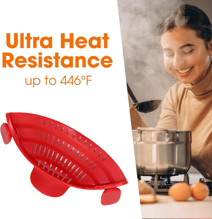 Cheer Collection Silicone Clip on Pot Strainer, Heat-resistant Snap-On Strainer for Pasta, Noodles, Rice, Meats and Vegetables, Green