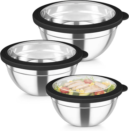 TeamFar Mixing Bowls with Lids, 4.5/3/1.5 QT Stainless Steel Nesting Salad Bowls with Airtight Lids, For Serving/Mixing/Storing/Prepping, Healthy & Sturdy, Visible & Easy Clean, Khaki, Set of 3