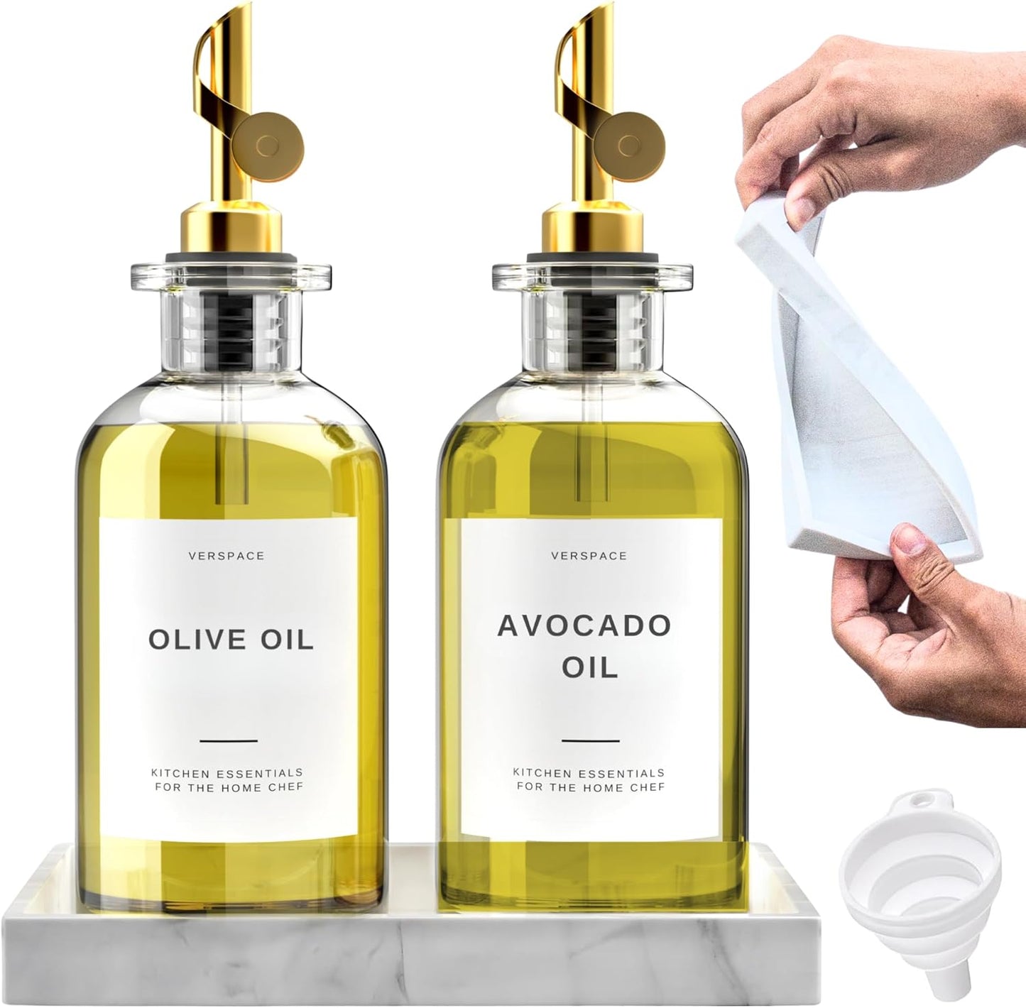 Verspace UV-Protected Green Glass Olive Oil Dispenser Bottles For Kitchen - 2 Pack - 12oz Includes 40 Kitchen Essential Labels, Avocado Oil Dispenser Set, Modern Decor for Home, Airbnb, Cafe