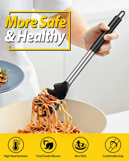 Silicone Pasta Fork and Ladle Spoon Set, Large Non Stick Kitchen Utensils for Cooking,Stirring,Serving Spaghetti, Soup, Sauce (GRAY)