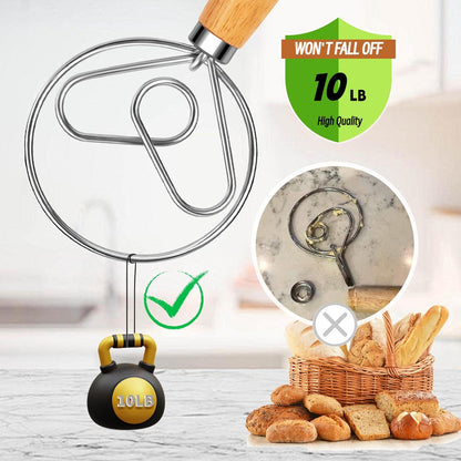 Danish Dough Whisk Stainless Steel Wooden Handle for Sourdough Bread Pizza and Pastry Making