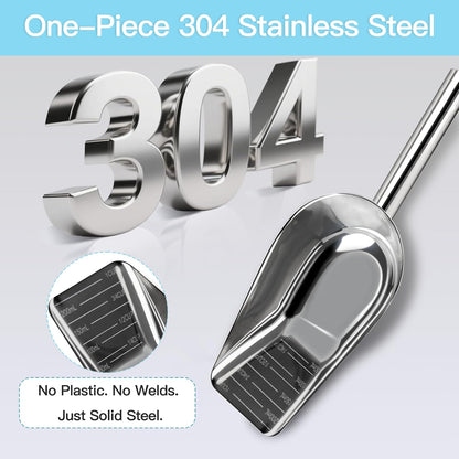 Dog-Cat Food Scoop 1 Cup – Thickened 304 Stainless Steel Pet Food Scoop with Long Handle, Precision Scale, Easy to Clean, Suitable for Wet Dry Food