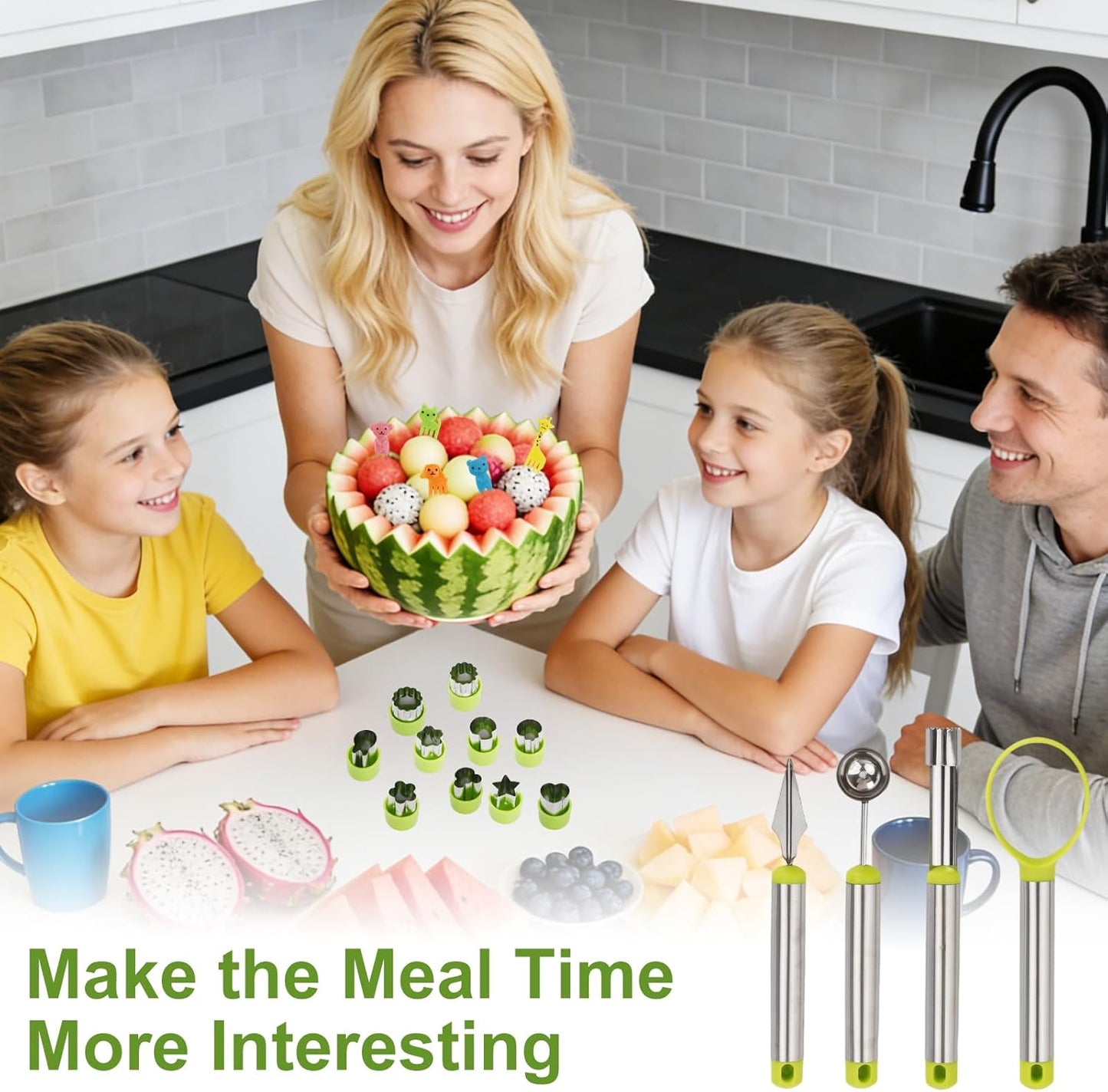 24 Pack Fruit Carving Tools Set Melon Baller Scoop Set, Vegetable Cutter Shapes with Cartoon Animals Food Picks for Kids Lunch, V Tool for Fruits Vegetable Sculpting