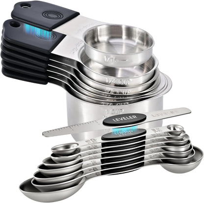 16-Piece Magnetic Measuring Cups and Spoons Set, Stainless Steel with Non-Slip Silicone Handles and Leveler, Essential Kitchen Baking Tools (Multicolor)