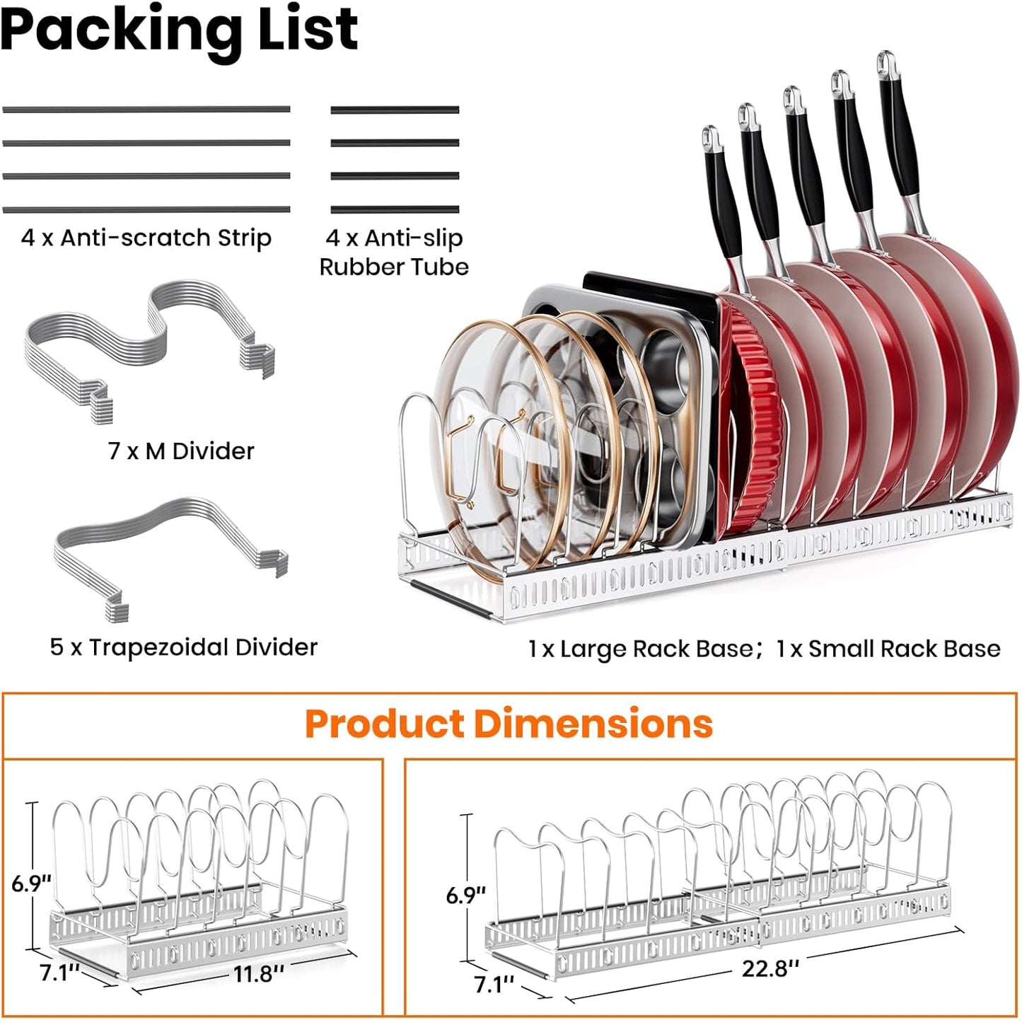MUDEELA Pots and Pans Organizer Rack for under Cabinet, Expandable 11.81''-22.85'' Pot Lid Kitchen Cabinet Organizer Holder with 10 Adjustable Compartment Cutting Board Organizer for Pan Lid, Bakeware