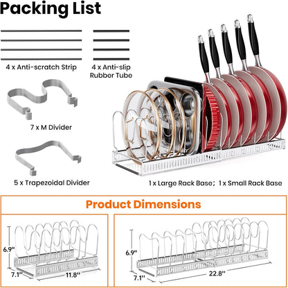 MUDEELA Pots and Pans Organizer Rack for under Cabinet, Expandable 11.81''-22.85'' Pot Lid Kitchen Cabinet Organizer Holder with 10 Adjustable Compartment Cutting Board Organizer for Pan Lid, Bakeware