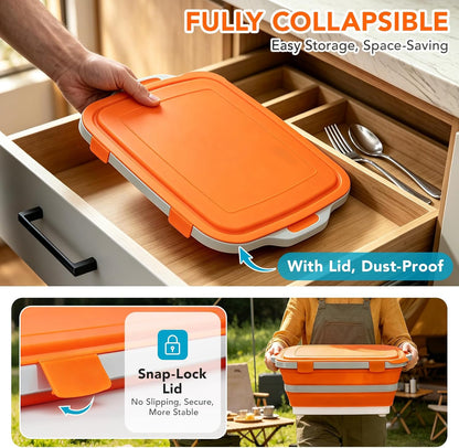 ZYIIXYO Collapsible BBQ Prep Tub with Locking Lid, Collapsible Bucket with Drain Plug, Thickened 3-in-1 Food Prep Tub with Easy Cutting Board, Foldable Camping Sink, 2 Gallons/8L Capacity, Orange