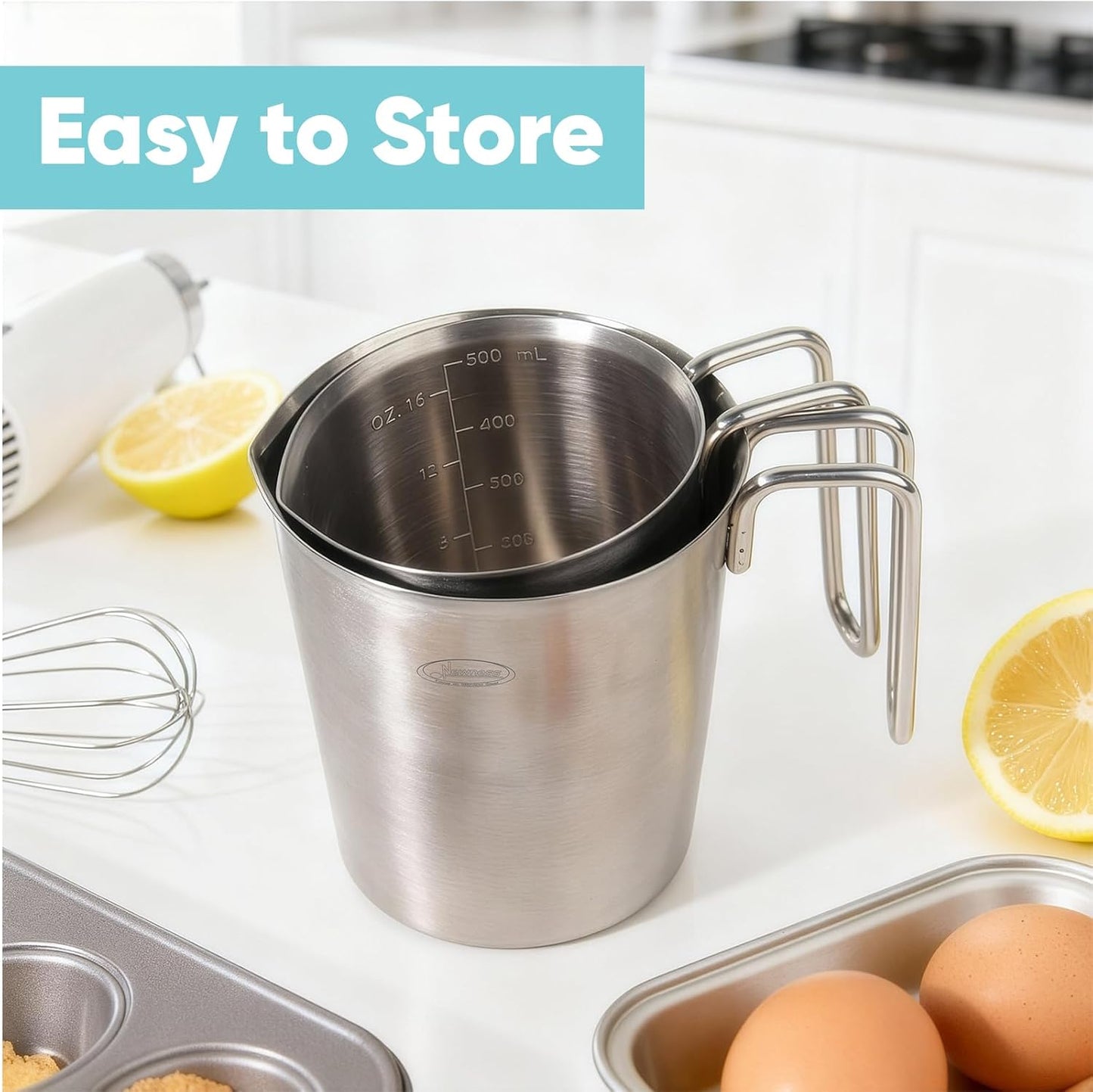 Newness Stainless Steel Measuring Cup, Metal Measuring Cup with Handle (Upgraded, 3 Marking Including Cup/ML/Ounce Scale), 16 Ounces (0.5 Liter, 2 Cup)