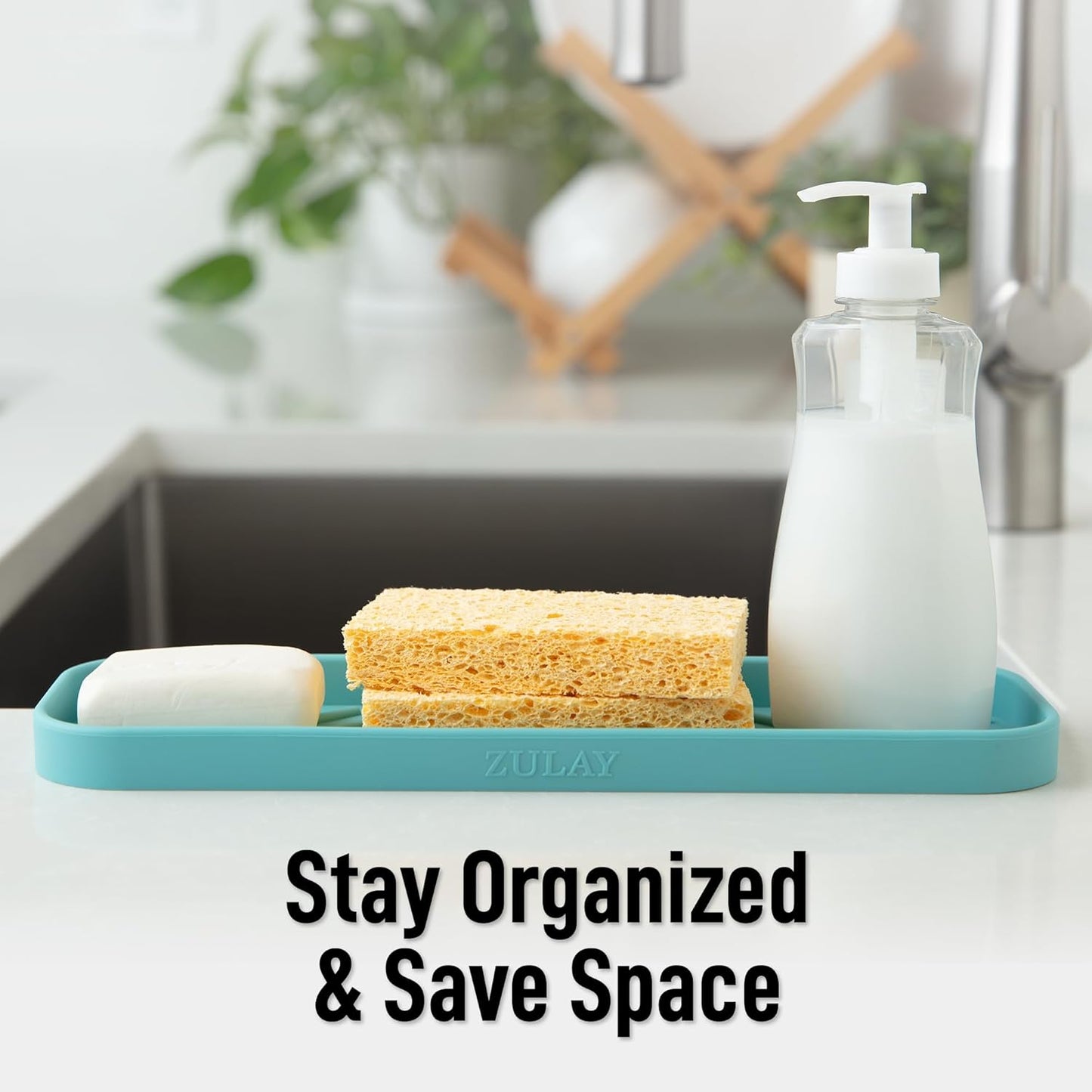 Zulay Kitchen (9x3.5in Sponge Holder for Kitchen Sink - Flexible Heavy-duty Multipurpose Sink Caddy - Counter Organizer for Kitchen, Bathroom, Makeup, Trinkets & More! (Grey)